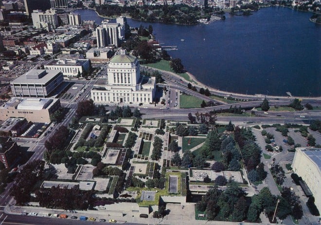 Oakland Museum roof gardens, with Alameda County Courthouse and Lake Merritt beyond. Photograph by Joe Samberg courtesy of the Oakland Museum