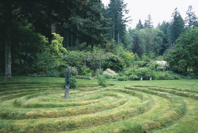 Anne converted a soccer field, once used by her children, into a spiral labyrinth for her parish friends. The walking path is exactly the width of the lawnmower, revealing the designer’s pragmatic streak.