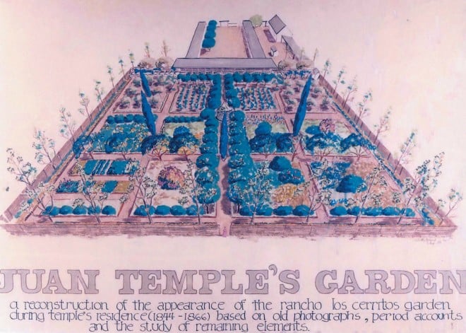 A reconstruction of the Rancho Los Cerritos garden during Juan Temple’s residence (1844-1866), based on old photographs, period accounts, and the study of remaining elements. Drawing by William Montgomery