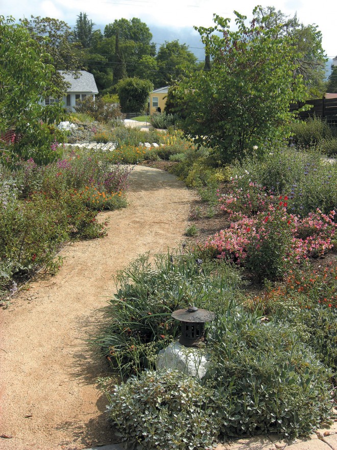 Only from the meandering path through the native garden is the art installation visible; annual wildflowers, such as Clarkia species and California poppy (eschschlzia californica) color the beds in late spring. photographs by andreas hessing