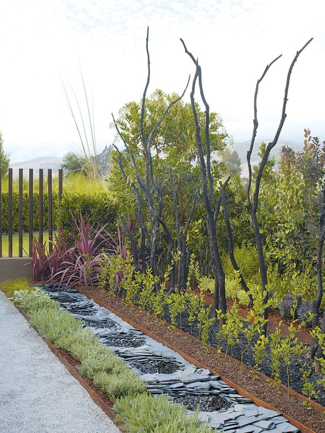 Channel of patterned slate with pits of lava rock, symbolizing the depletion of natural resources; to either side, channels symbolizing hope, with plants that remove toxins and oak seedlings reforesting a landscape of charred wood. Photographs by Marion Brenner