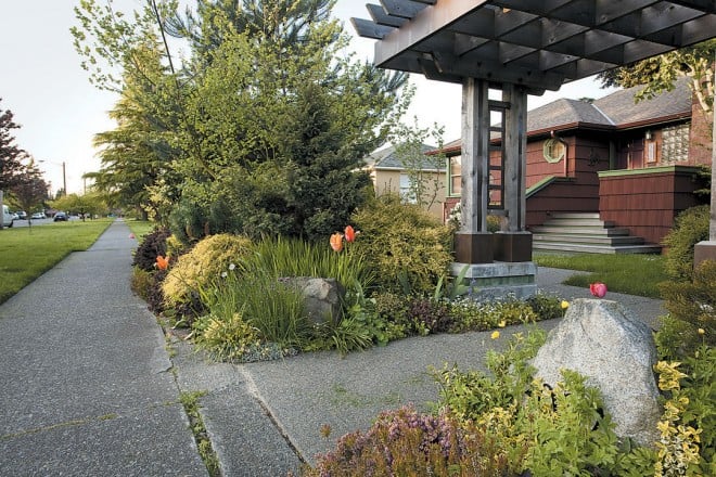 A sturdy entry pergola greets visitors to Jennifer Carlson’s Seattle garden; her front garden plants are mostly drought-tolerant, colorful shrubs and perennials that stand out in her Magnolia neighborhood of rockeries and lawns. Photographs by Saxon Holt