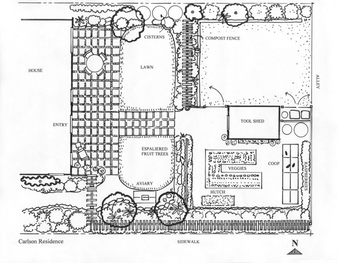 Plan of the side and rear garden. Drawing by Jennifer Carlson