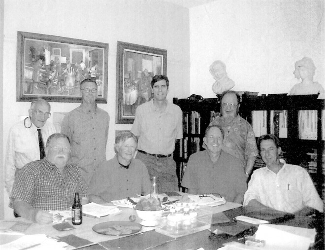 From left to right: Ernest Wertheim, Warren Roberts, Paul Doty, Nevin Smith, Hank Hellbush, Bob Perry, Barrie Coate, Ron Lutsko. Photograph by Carol Coate