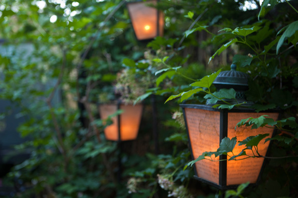 Lamps in the garden illuminate text from Frankenstein by Mary Shelley. Photo: MB Maher