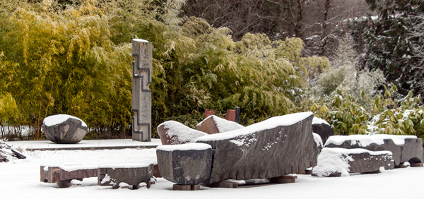 Michihiro Kosuge’s sculptures on his Scappoose property stand out in sharp relief against the winter snow.  Photo: Eric Mellencamp and Laura Russo Gallery