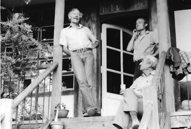 Lester Hawkins on the steps of the Big House. Jim Hickey at right, Fran Hodge seated. (July 30, 1978) Photo: Jim Flack