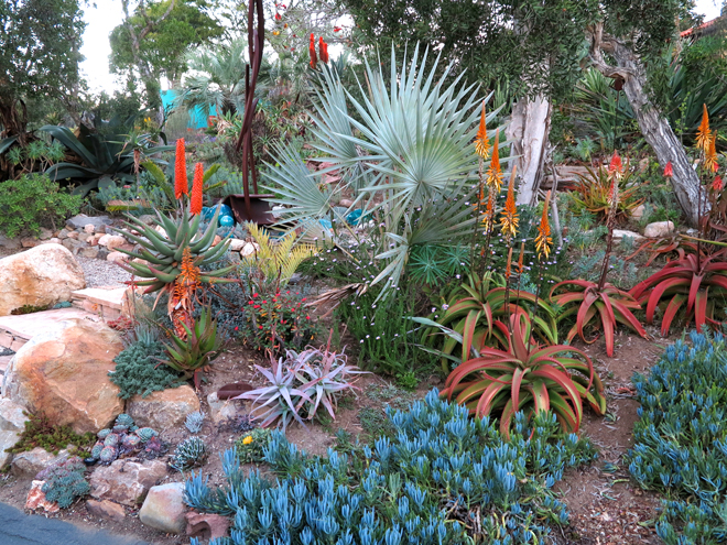 Plants, boulders, and art work spill down the hillside in the dramatic landscape. Photo: Patrick Anderson